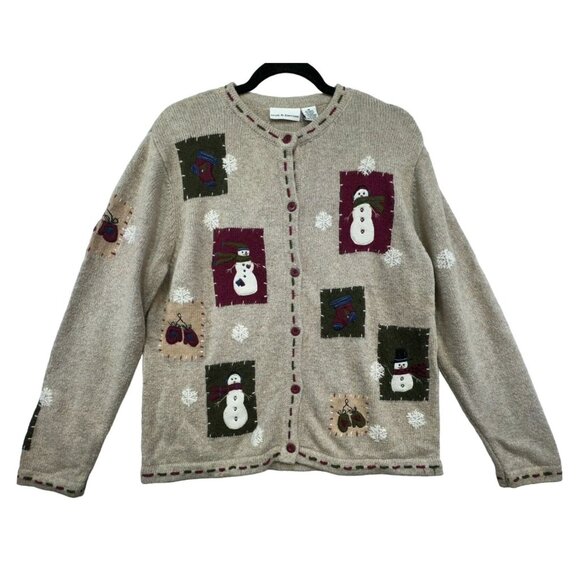 Croft & Barrow Womens Snowman Cardigan Sweater  M Beige & Multicolor Wool Blend - Picture 1 of 12